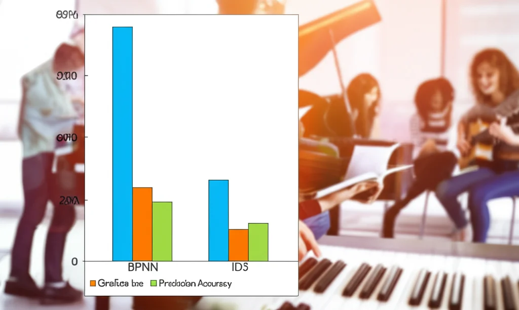 Grafico a barre comparativo che mostra l'accuratezza della previsione (Prediction Accuracy) tra il modello BPNN (barra molto alta, circa 95%) e l'algoritmo ID3 (barra significativamente più bassa). Il grafico è pulito, moderno, con colori contrastanti. Sullo sfondo, leggermente sfocata, un'immagine positiva di studenti universitari diversi che collaborano felici durante un'attività musicale, forse attorno a un pianoforte o con strumenti vari. Sharp focus sul grafico, soft focus sullo sfondo, stile infografica.