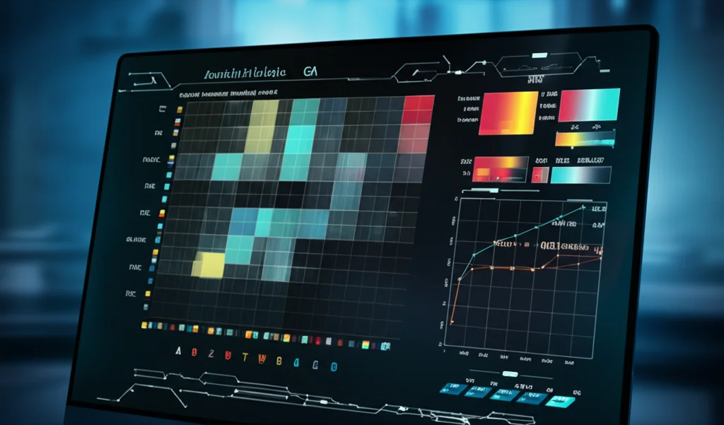 Grafico complesso su uno schermo di computer che mostra il ranking di diverse alternative GA basato su multipli criteri (KS, R2, RMSE, AIC, BIC, PDE), stile infografica high-tech, illuminazione controllata focalizzata sullo schermo, dettagli nitidi.