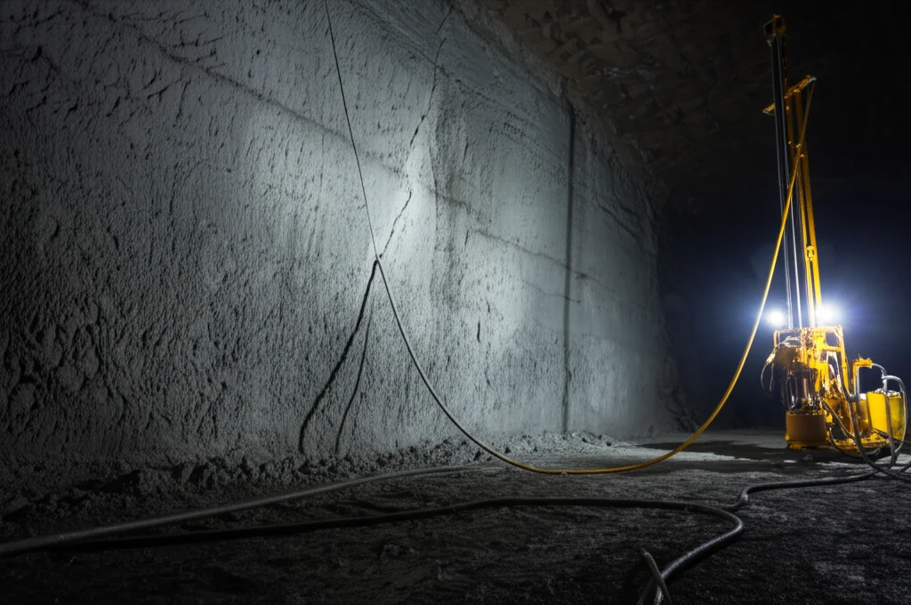 Immagine fotorealistica concettuale, obiettivo grandangolare (20mm), che illustra l'applicazione in situ della fratturazione idraulica nel CPB all'interno di una miniera sotterranea. Si vede una parete di backfill grigio scuro, con un piccolo foro da cui parte una sottile frattura indotta. Attrezzatura di perforazione e iniezione stilizzata è visibile nelle vicinanze. Illuminazione drammatica tipica dell'ambiente minerario, con fasci di luce dalle lampade frontali.