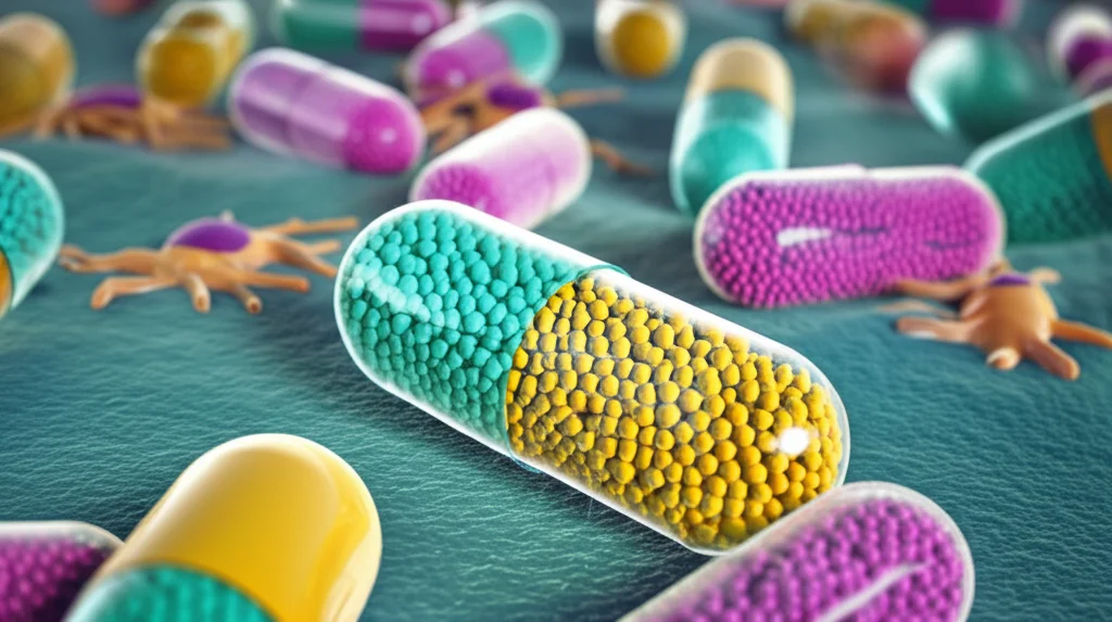 Macro fotografia di capsule di probiotici Lacticaseibacillus paracasei Glory LP16 su uno sfondo sfocato che rappresenta cellule immunitarie stilizzate. Obiettivo macro 90mm, alta definizione, illuminazione da studio controllata, focus preciso sulle capsule.