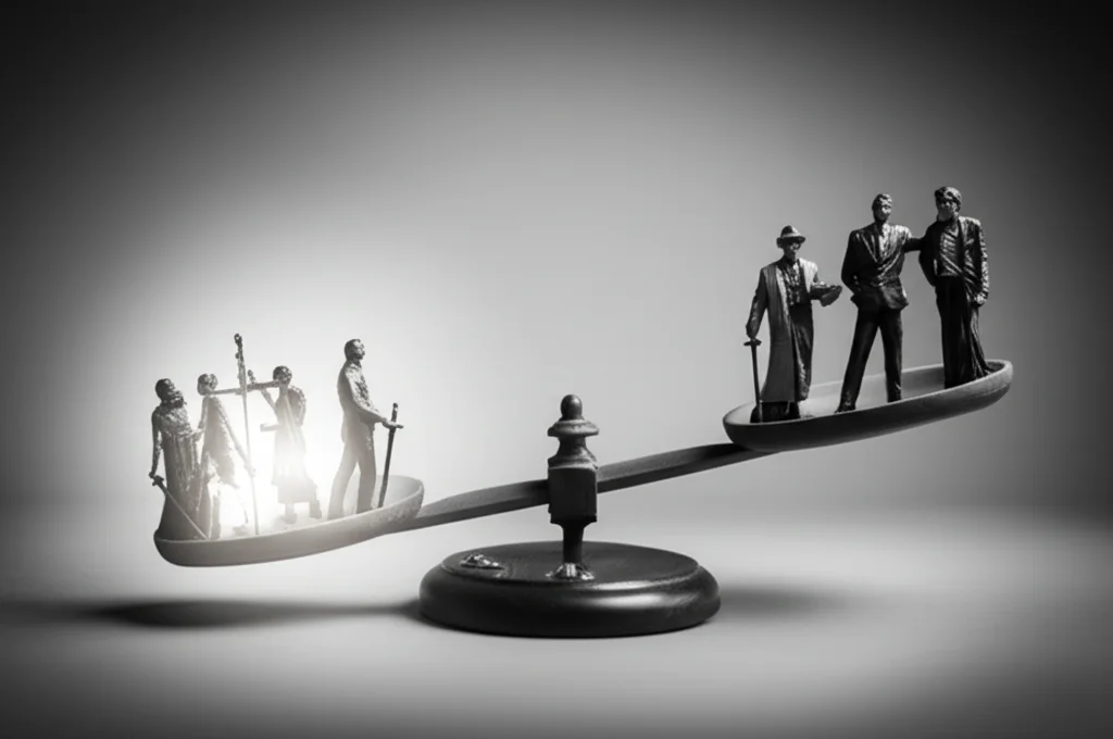 Una bilancia della giustizia sbilanciata, con da un lato principi astratti luminosi (simbolo delle teorie universali) e dall'altro figure umane sfocate ai margini (gli esclusi), fotografia concettuale, prime lens 35mm, profondità di campo, bianco e nero cinematografico.