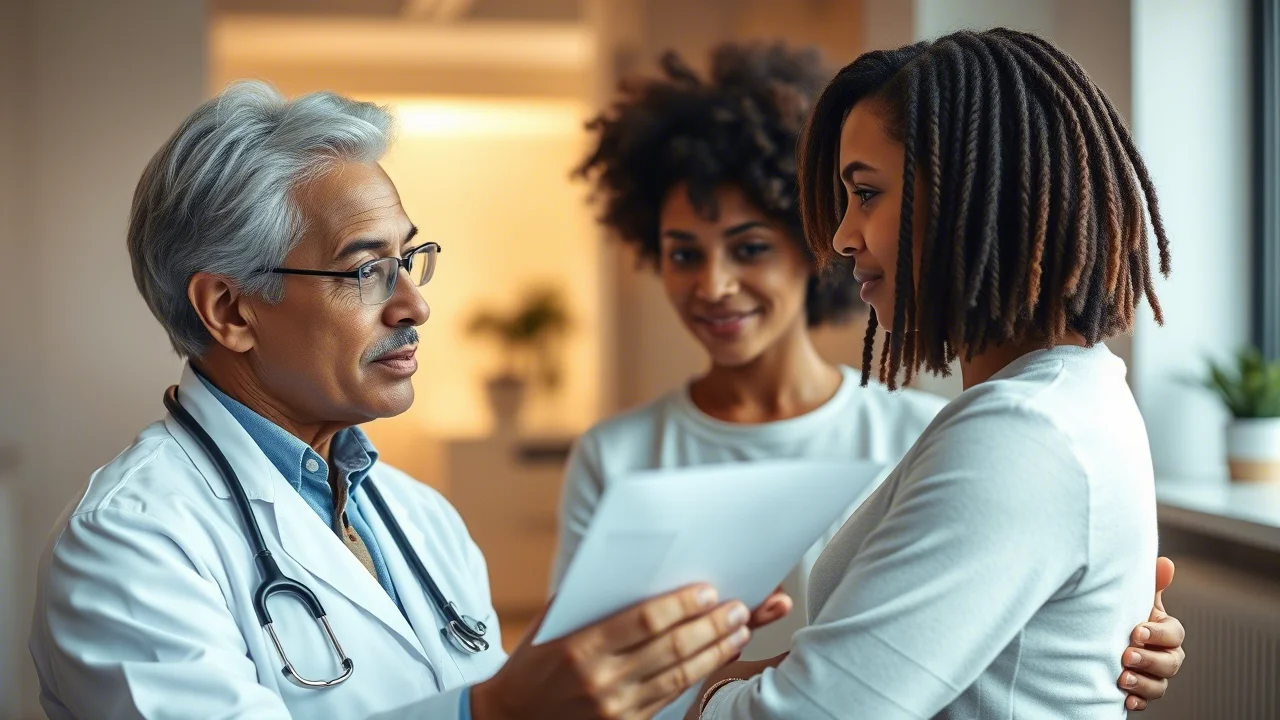 Fotografia ritratto, obiettivo 35mm, profondità di campo, luce naturale calda, che mostra un dermatologo che spiega gentilmente un piano di trattamento usando un supporto visivo (come un diagramma o un tubo di crema) a un paziente attento (adulto o genitore con bambino) in un ambiente clinico luminoso e moderno.