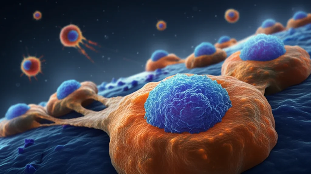 Fotografia scientifica simulata al microscopio di cellule Natural Killer (NK) stilizzate che attaccano una cellula bersaglio. Colori vivaci su sfondo scuro, alta definizione, illuminazione drammatica da laboratorio, obiettivo ad alto ingrandimento.