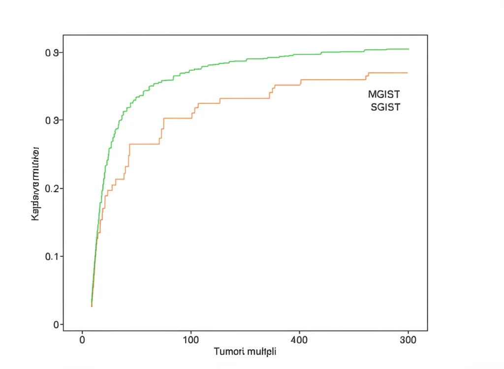 Grafico di sopravvivenza Kaplan-Meier stilizzato ma scientificamente accurato, che mostra due curve distinte per MGIST e SGIST, una per i tumori multipli (più bassa) e una per i singoli (più alta), sfondo bianco, alta leggibilità dei dati, stile grafico medico.