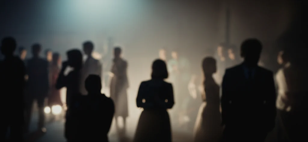 Un gruppo di persone benestanti all'interno di un cerchio luminoso (simbolo del confine della società) che guarda con indifferenza o sospetto verso figure sfocate e bisognose all'esterno, fotografia sociale, zoom lens 50mm, luce calda interna contrastante con l'esterno buio e freddo, high detail.
