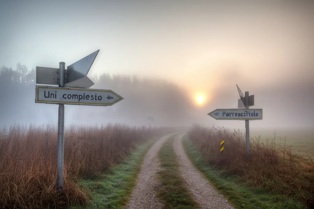 Un bivio complesso e nebbioso con segnali che indicano direzioni opposte: uno verso un ideale luminoso ma lontano ('Universale'), l'altro verso un sentiero più battuto ma chiuso ('Parrocchiale'), fotografia paesaggistica simbolica, wide-angle 24mm, nebbia, luce incerta dell'alba, sharp focus.