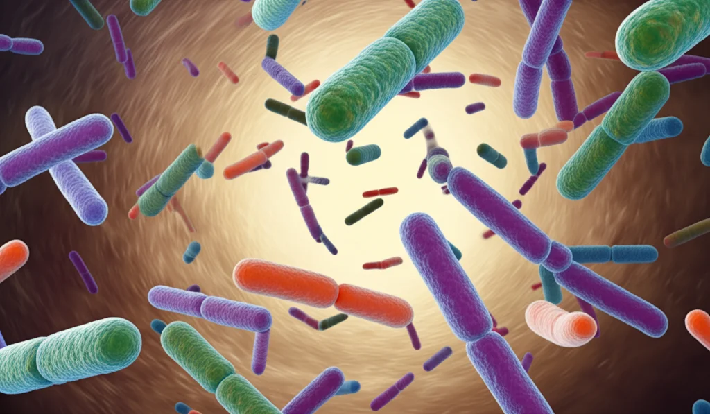Visualizzazione artistica fotorealistica del microbiota intestinale sano, con una varietà di batteri benefici colorati che fluttuano in un ambiente intestinale stilizzato. Stile macro, obiettivo 100mm, alta definizione, messa a fuoco precisa sui dettagli batterici, illuminazione morbida.