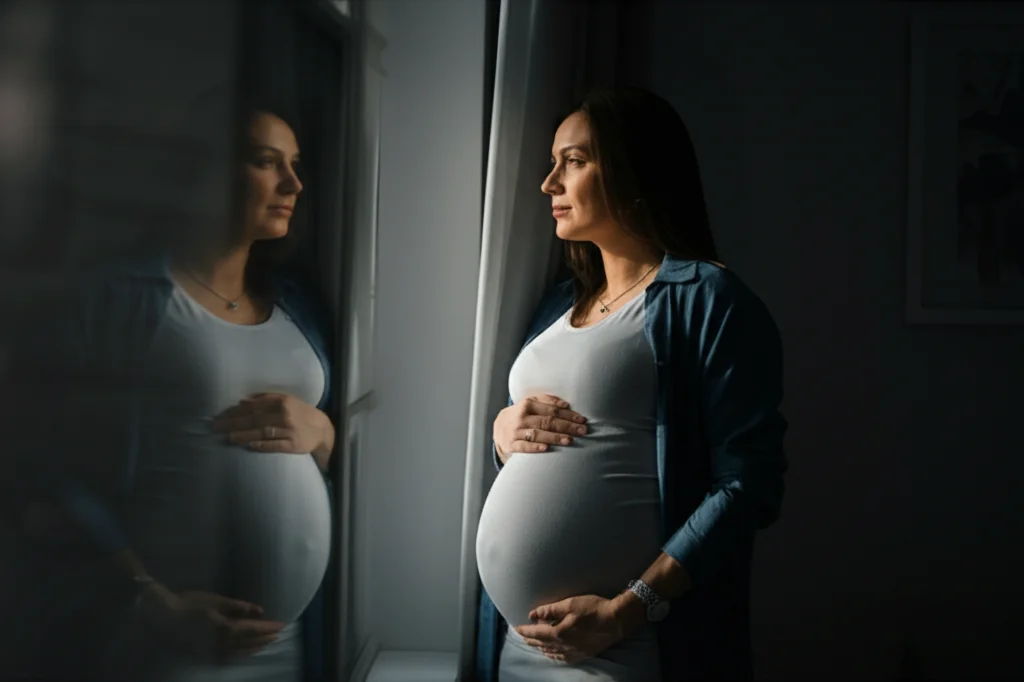 Una donna incinta di circa 30 anni, ritratto 35mm, toni duo blu e grigio, profondità di campo, guarda fuori da una finestra con luce naturale, espressione pensierosa ma speranzosa.