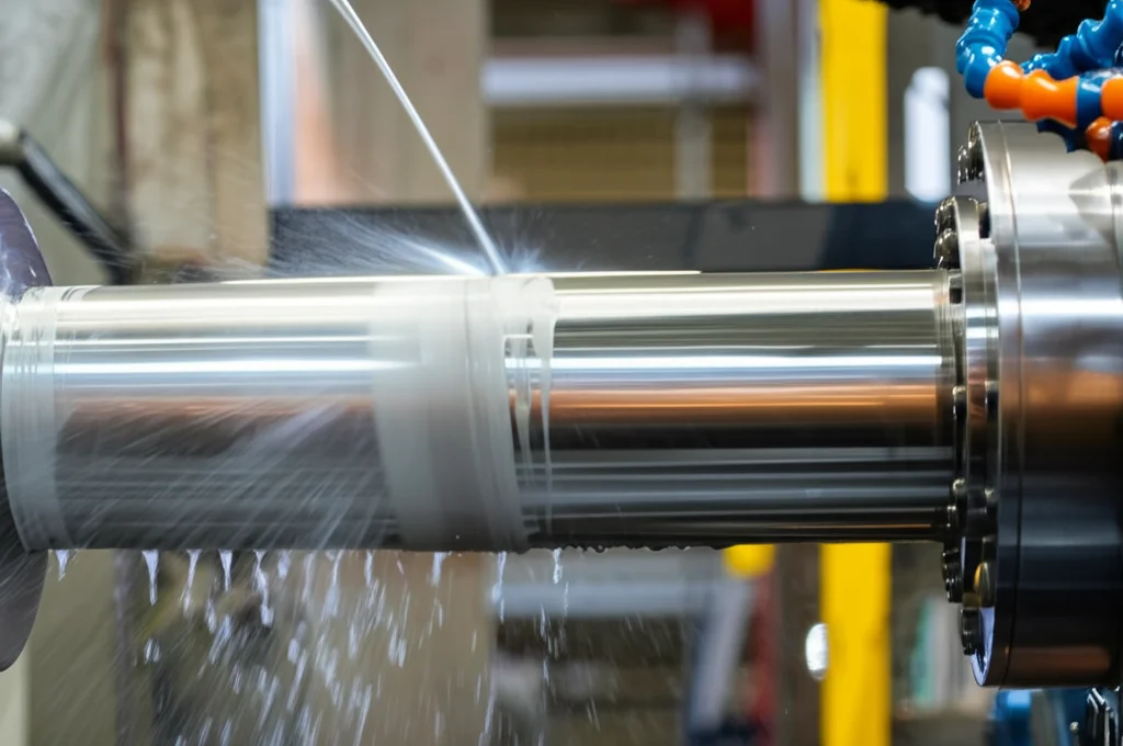 Macro fotografia di un tubo di acciaio maraging MLX®19 durante il processo di flow forming su una macchina VUD 600, con i rulli che premono sul pezzo in rotazione. Illuminazione controllata, obiettivo macro 100mm, alta definizione dei dettagli metallici e del refrigerante spruzzato.