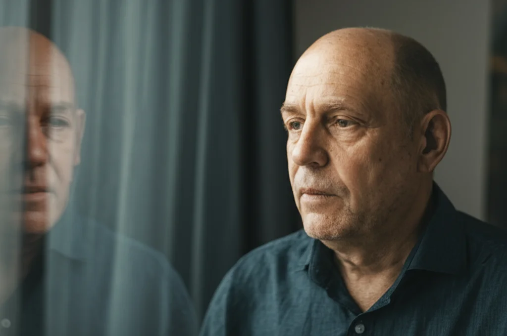 Ritratto fotografico di un uomo di mezza età, sopravvissuto al cancro, che guarda fuori da una finestra con espressione pensierosa ma speranzosa. Luce naturale morbida, obiettivo da 35mm, profondità di campo ridotta per sfocare lo sfondo.