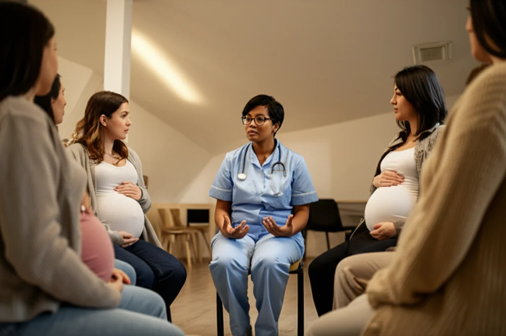 Un piccolo gruppo di donne incinte e un'infermiera in una sessione educativa interattiva, obiettivo zoom 35mm, profondità di campo, atmosfera calda e di supporto, luce naturale in una stanza accogliente.