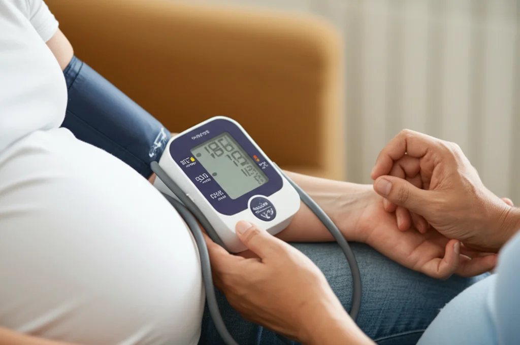 Primo piano delle mani di una donna incinta che usa uno sfigmomanometro digitale per misurare la propria pressione sanguigna a casa. Stile: Obiettivo macro 60mm, alta definizione, messa a fuoco precisa sulle mani e sul display, illuminazione controllata e chiara.