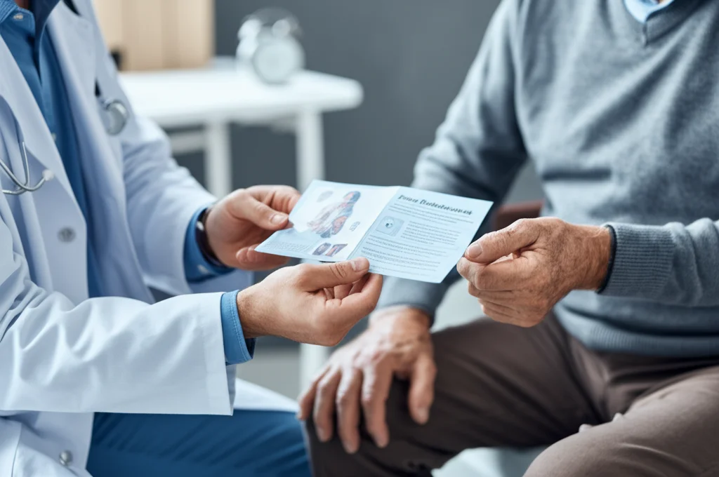 Primo piano sulle mani di un medico che consegna un opuscolo informativo a un paziente anziano in uno studio medico. Illuminazione controllata, obiettivo macro da 60mm per evidenziare i dettagli dell'opuscolo e delle mani, alta definizione.