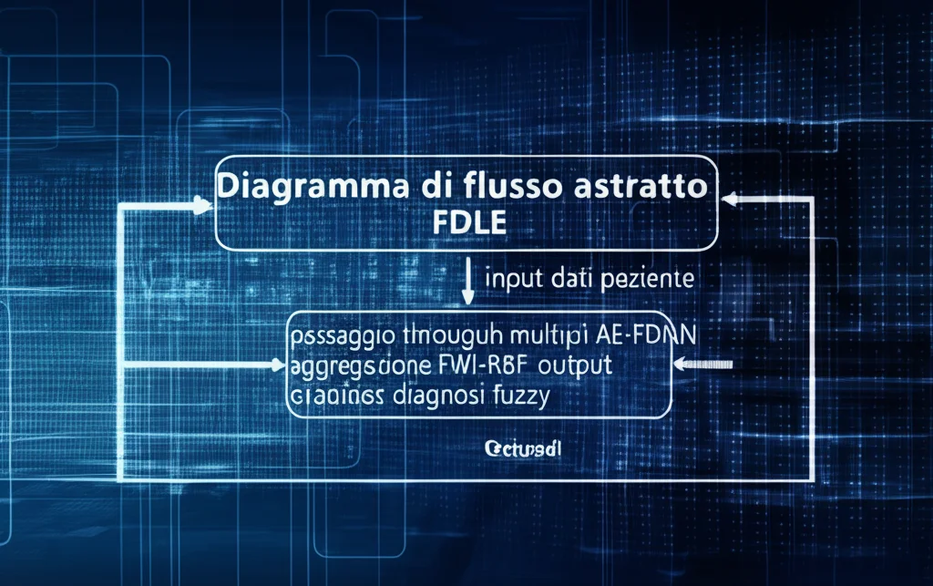 Diagramma di flusso astratto che illustra il processo FDLE: input dati paziente, passaggio attraverso multipli AE-FDNN, aggregazione FWI-RBF, output diagnosi fuzzy e regole. Obiettivo grandangolare 24mm, linee luminose su sfondo tech blu scuro.