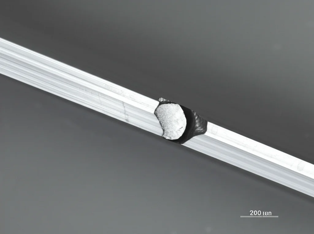 Fotografia di un provino di trazione rotto in acciaio maraging MLX®19 dopo il flow forming, che mostra la tipica frattura a coppa e cono indicativa di duttilità. Obiettivo macro 60mm, messa a fuoco precisa sulla superficie di frattura con dettagli dei 'dimples'.