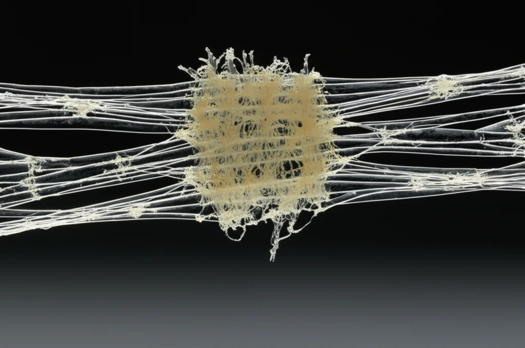 Macro fotografia, 90mm, di un campione del nuovo materiale composito ionogel FRCI mentre viene sottoposto a un test di lacerazione in laboratorio. Si vede la fibra di carbonio intrecciata immersa nel gel trasparente che resiste incredibilmente allo strappo. Illuminazione controllata, alta definizione, messa a fuoco precisa sulla zona di frattura.