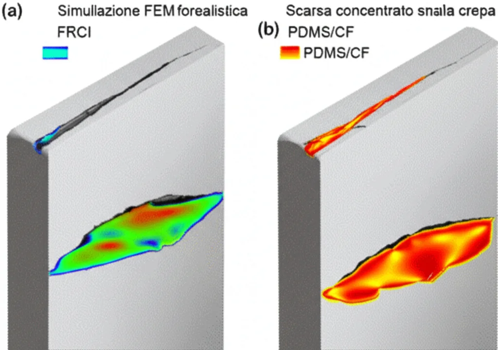 Simulazione FEM fotorealistica che mostra la distribuzione dello stress durante un test di lacerazione. A sinistra, il materiale FRCI con stress diffuso su un'ampia area attorno alla crepa (colori più freddi). A destra, un materiale con scarsa adesione (PDMS/CF) con stress concentrato sulla punta della crepa (colori caldi). Grafica scientifica chiara.