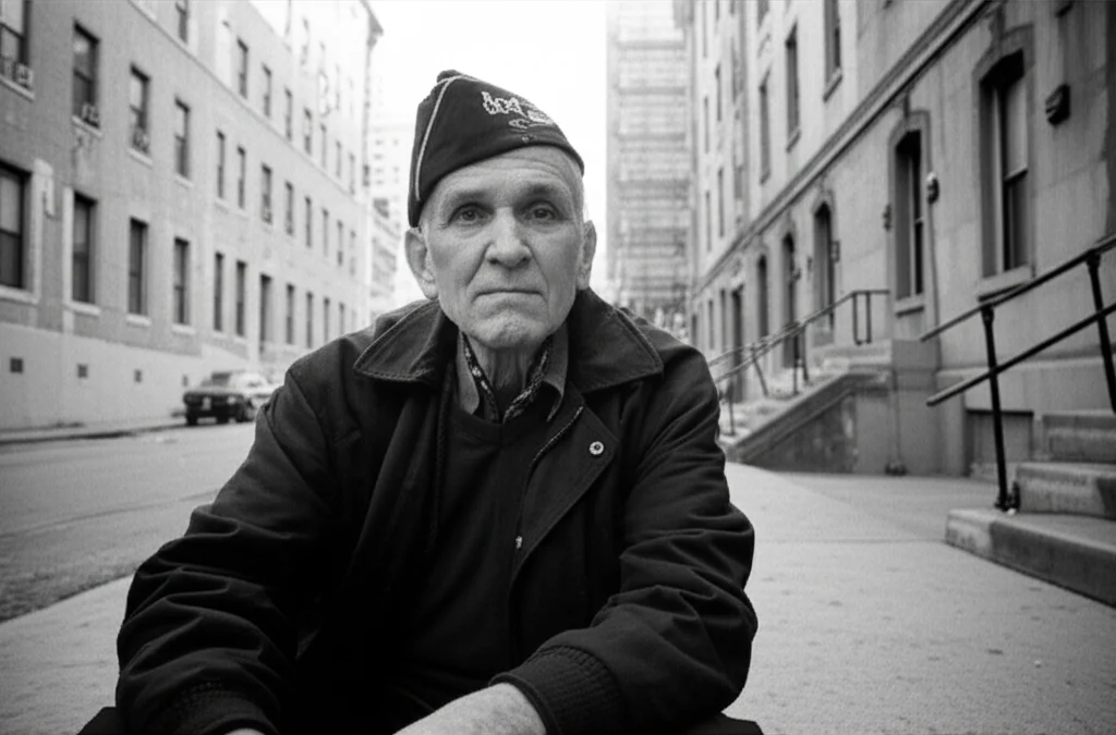 Ritratto fotografico di un veterano statunitense di mezza età, espressione pensierosa, seduto all'esterno vicino a un edificio urbano che potrebbe suggerire un alloggio temporaneo o supportato, obiettivo 35mm, profondità di campo, bianco e nero film.