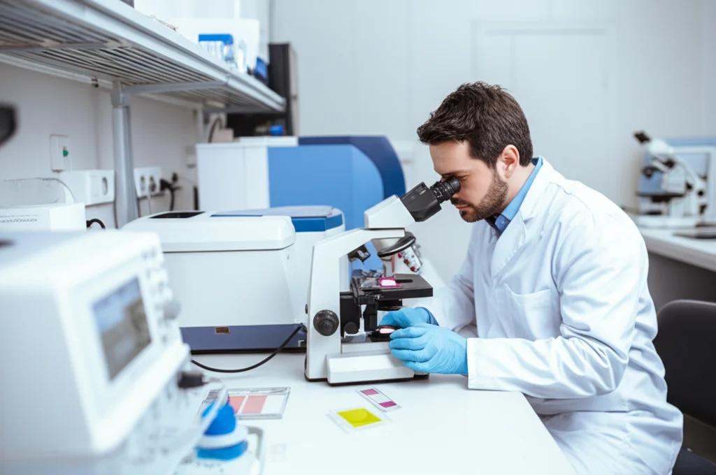 Fotografia di un laboratorio di patologia, un tecnico in camice bianco osserva attentamente un vetrino colorato al microscopio, sullo sfondo si intravedono altri strumenti di analisi come centrifughe e macchinari per l'immunoistochimica (IHC), luce da laboratorio chiara e focalizzata sull'area di lavoro, obiettivo 50mm, profondità di campo media per mantenere a fuoco sia il tecnico che parte dello sfondo.