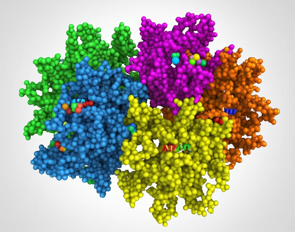 Visualizzazione 3D fotorealistica della proteina esamerica CpaF che transiziona tra lo stato 'compatto' (più piccolo, colori freddi) e lo stato 'espanso' (più grande, colori caldi), con molecole di ATP/ADP evidenziate nei siti attivi. Lente macro 100mm, alta definizione, illuminazione controllata che enfatizza i cambiamenti conformazionali, sfondo astratto high-tech.