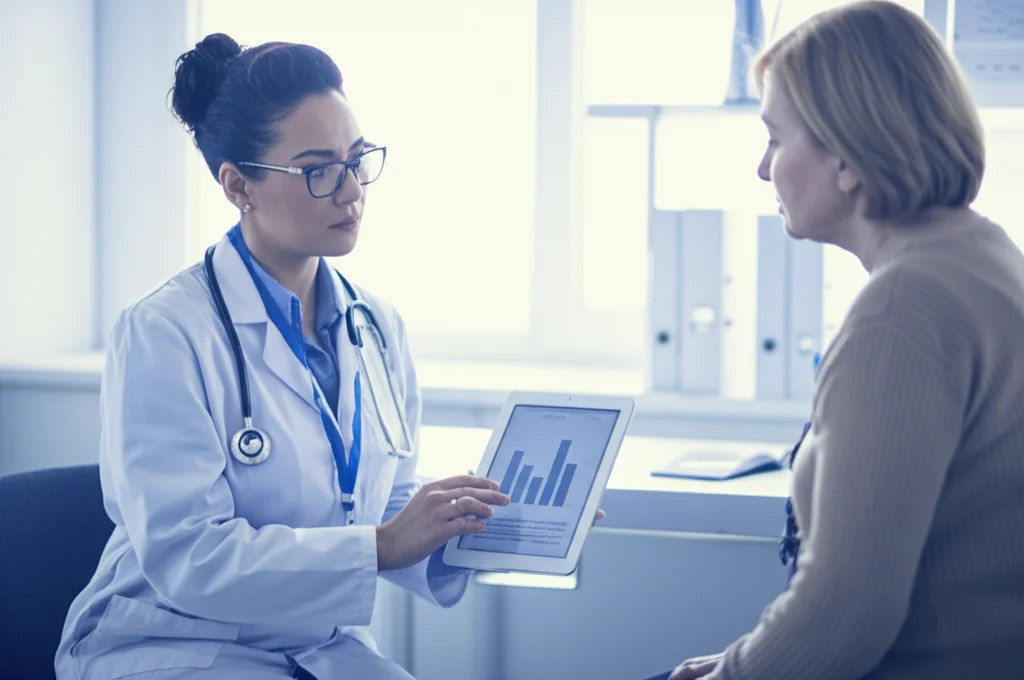 Un medico oncologo donna discute i risultati di un test mostrati su un tablet con una paziente seduta di fronte a lei in uno studio medico luminoso e accogliente. Il medico indica un grafico sullo schermo, le espressioni sono serie ma empatiche. Obiettivo 35mm, luce naturale che entra da una finestra laterale, duotone blu e grigio per un'atmosfera calma e professionale.