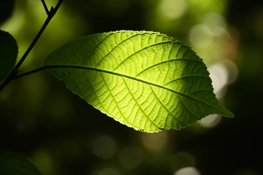 Macro fotografia di una foglia di Elatostema illuminata dal sole che filtra nel sottobosco, lente macro 105mm, alta definizione, messa a fuoco precisa sulla nervatura fogliare, sfondo sfocato della foresta umida.