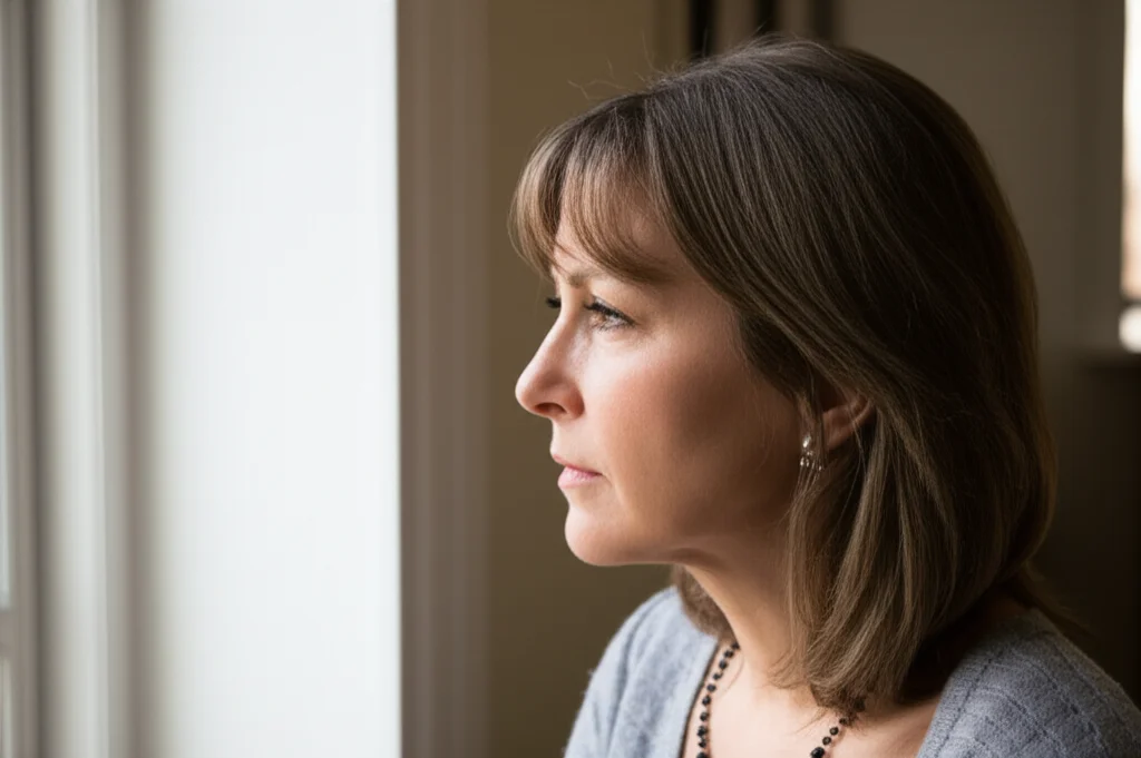 Una donna di mezza età, dall'aspetto riflessivo, guarda fuori dalla finestra di uno studio medico. La luce è naturale e morbida, creando un'atmosfera intima. Lente prime 35mm, profondità di campo ridotta per sfocare leggermente lo sfondo e mantenere il focus sulla paziente. Colori tenui, stile fotogiornalistico.