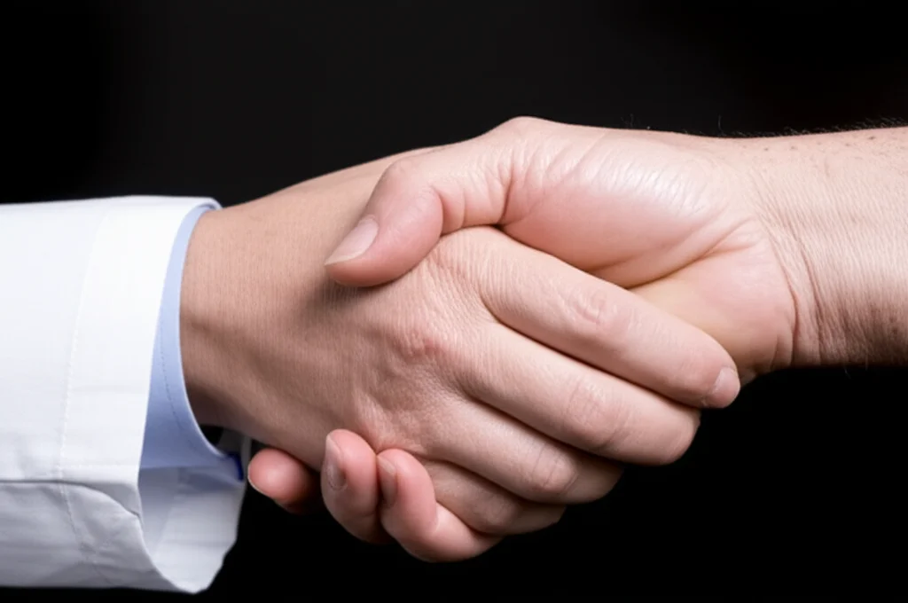 Primo piano su due mani che si stringono con calore e supporto. Una mano appartiene chiaramente a un professionista sanitario (si intravede parte di un camice bianco), l'altra a un paziente. Lente macro 90mm, illuminazione da studio controllata per evidenziare la texture della pelle e il gesto, alto dettaglio, sfondo neutro e scuro.