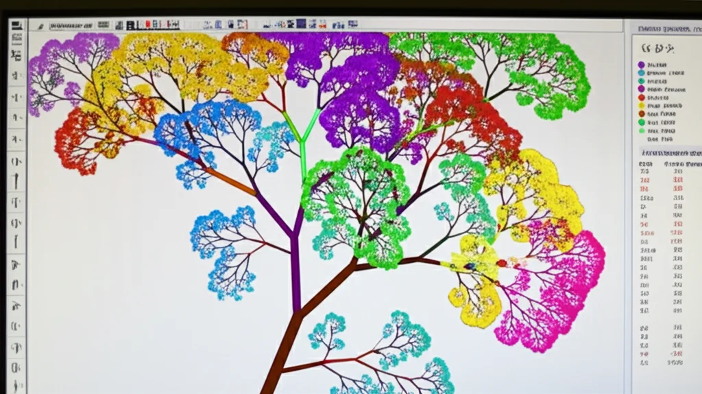 Visualizzazione grafica di un albero filogenetico complesso su uno schermo di computer in un laboratorio di ricerca, con rami colorati che rappresentano diversi cladi di Elatostema, profondità di campo, focus sull'albero.