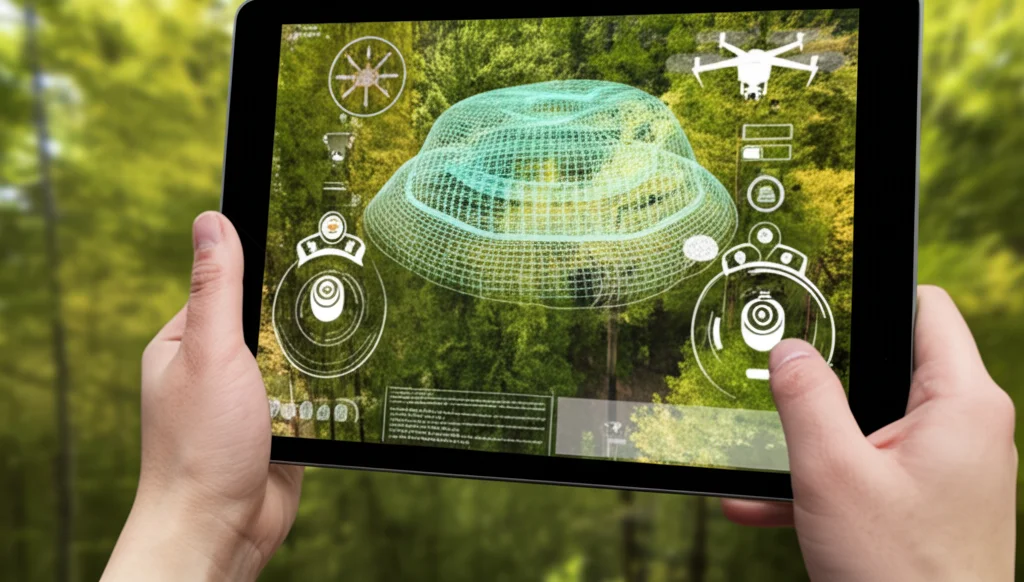 Fotografia realistica di un operatore che tiene in mano un tablet. Sullo schermo del tablet è visibile un'interfaccia di controllo con joystick virtuali e la rappresentazione 3D di un drone (gemello digitale) sovrapposta all'immagine reale di una foresta ripresa dalla fotocamera del tablet (realtà aumentata). Obiettivo prime 35mm, profondità di campo, luce diurna naturale, alta definizione dei dettagli sull'interfaccia.
