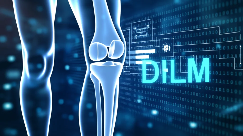 Schema infografico astratto che illustra la connessione tra il mondo fisico (una protesi di ginocchio stilizzata) e il mondo digitale (linee di codice, grafici e dati binari), rappresentando il concetto di Digital Twin applicato al DILM. Illuminazione controllata high-tech, dettagli nitidi, obiettivo macro 85mm, sfondo blu scuro.