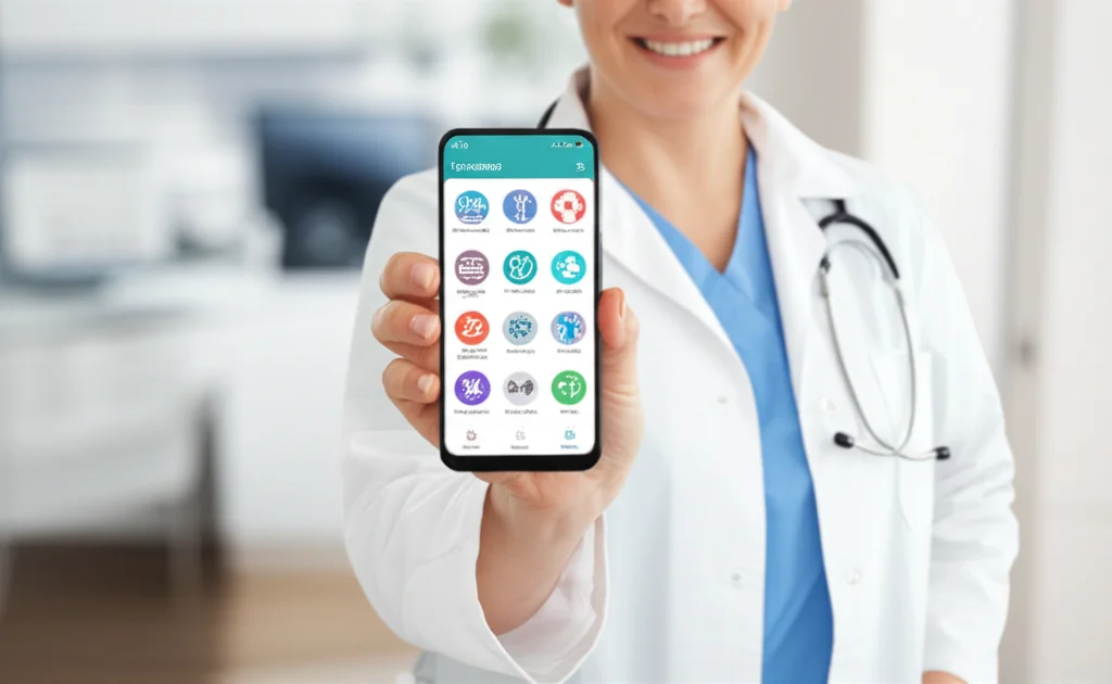 Una persona sorridente tiene in mano uno smartphone che mostra un'interfaccia di un'app per il monitoraggio della salute post-chirurgia bariatrica (grafici, consigli nutrizionali). Lo sfondo è uno studio medico moderno e accogliente. Lente prime 50mm, focus sullo schermo dello smartphone ma visibile anche l'espressione positiva della persona, luce brillante e ottimista.