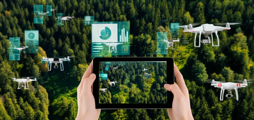 Immagine fotorealistica grandangolare di una vasta area forestale monitorata da uno sciame di droni UAV. Alcuni droni sono evidenziati con overlay grafici AR visibili da un ipotetico punto di vista di un tablet. Obiettivo grandangolare 15mm, messa a fuoco nitida su tutta la scena, luce solare intensa, effetto leggermente mosso sulle pale dei droni per indicare movimento.