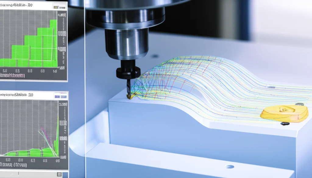 Simulazione 3D su schermo di computer ad alta risoluzione che mostra il processo di fresatura a 5 assi di un inserto in polietilene per protesi di ginocchio (TKA). Si vedono le traiettorie dell'utensile e la rimozione del materiale. Sovrapposizione di grafici con dati di processo (es. velocità avanzamento, forze taglio). Ambiente di laboratorio pulito e high-tech, messa a fuoco precisa sulla simulazione, obiettivo 60mm macro, luce fredda.
