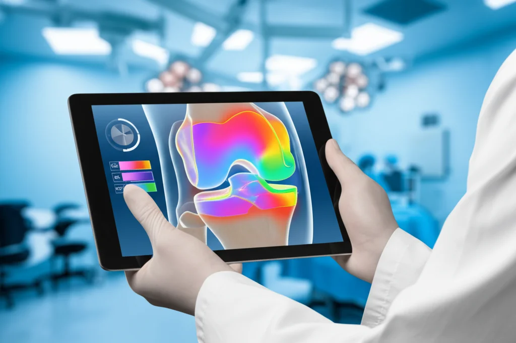 Primo piano di un tablet tenuto da mani guantate di un medico. Sullo schermo è visualizzato il modello 3D di una protesi di ginocchio con una sovrapposizione grafica colorata che indica le aree di usura o lo spessore residuo dell'inserto, basato su dati mJSW. Sfondo di una sala operatoria o studio medico leggermente sfocato (profondità di campo), obiettivo prime 35mm, illuminazione clinica.