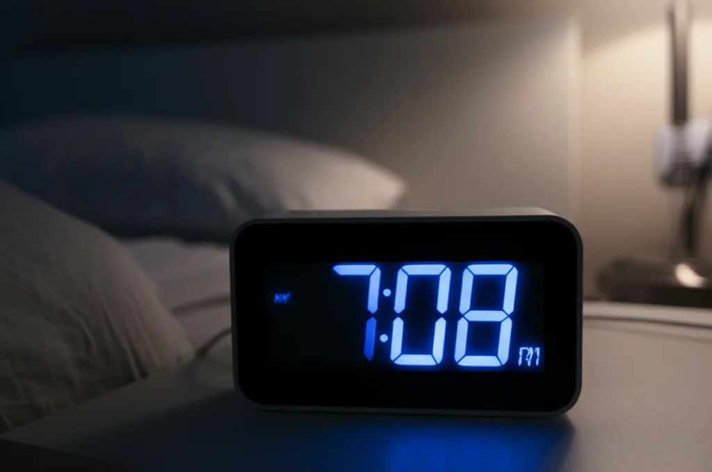Primo piano di una sveglia digitale su un comodino accanto a un letto, con l'ora che segna le 7:00 AM di un lunedì mattina. Luce fredda e netta. Obiettivo macro 60mm, alta definizione, messa a fuoco precisa sui numeri digitali.