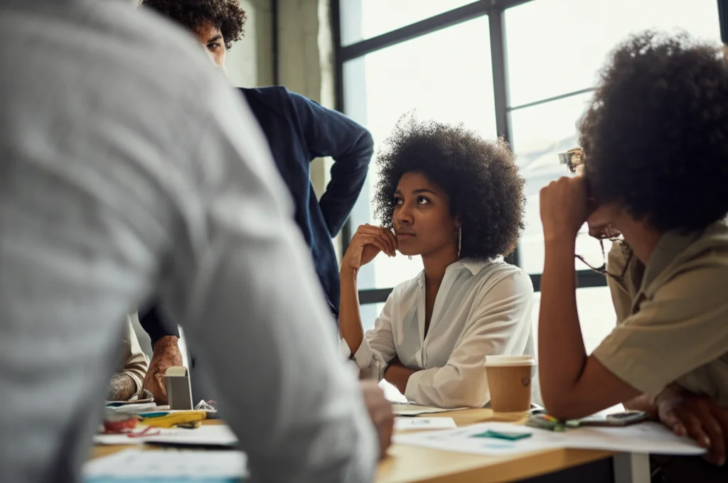 Ritratto di un gruppo diversificato di persone in un ufficio moderno, impegnate in una discussione costruttiva sulla diversità e l'inclusione. Obiettivo prime 35mm, profondità di campo ridotta per focalizzare sui volti espressivi.