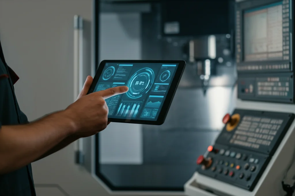 Fotografia realistica di un tecnico che interagisce con un tablet mostrando un'interfaccia utente futuristica per la diagnostica di una macchina CNC in background. L'interfaccia mostra grafici e suggerimenti. Obiettivo prime 50mm, profondità di campo, illuminazione da officina high-tech.