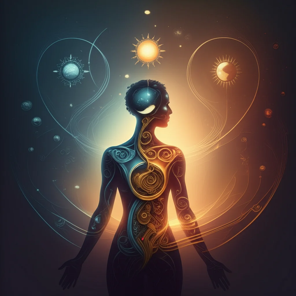 Illustrazione stilizzata di un orologio biologico interno (ritmo circadiano) con simboli del sole e della luna, sovrapposto a una silhouette umana. Illuminazione soffusa, colori caldi e freddi in duotono (blu e arancione).