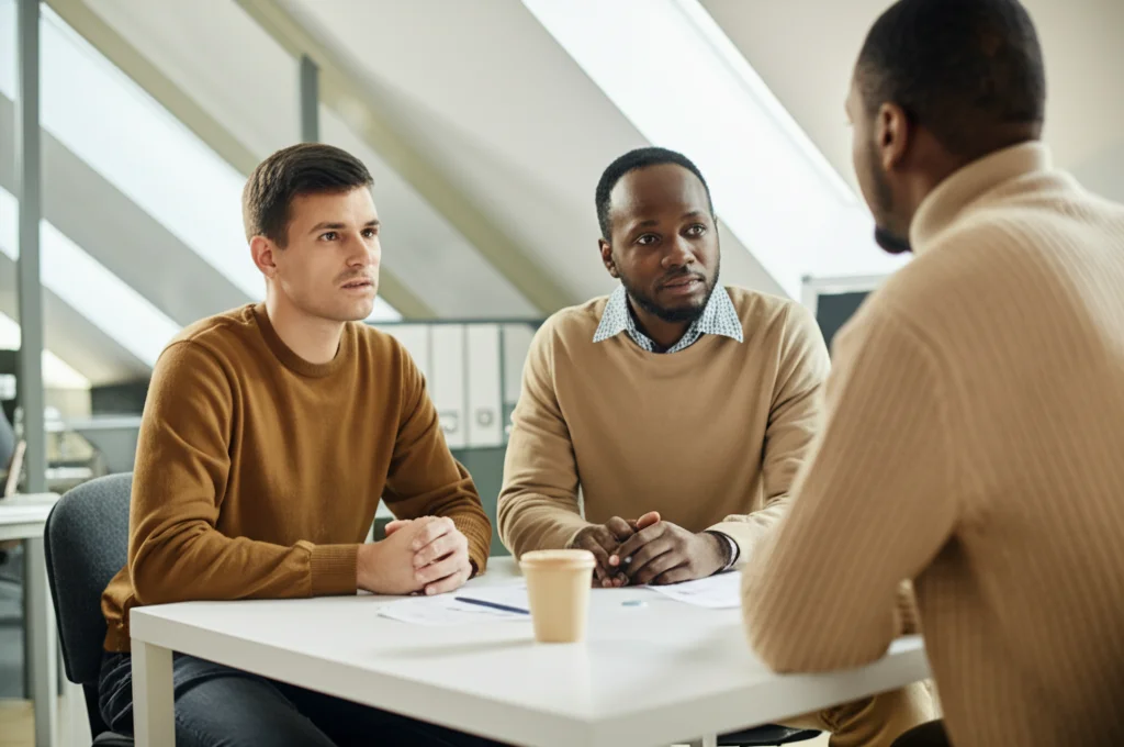Incontro individuale tra un operatore di servizi per l'impiego e un cliente appartenente a una minoranza etnica in un ambiente d'ufficio accogliente e luminoso. Zoom 50mm, luce naturale laterale, focus sull'interazione empatica e l'ascolto attivo.