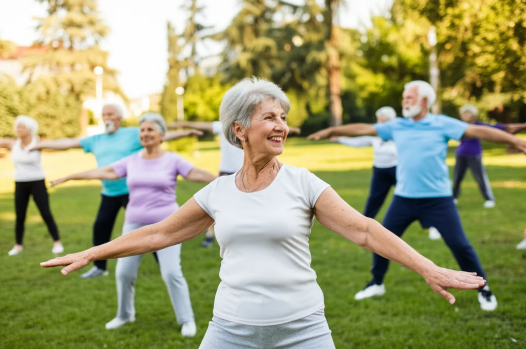 Gruppo diversificato di persone di mezza età e anziane che partecipano a una lezione di ginnastica dolce all'aperto in un parco. Obiettivo zoom 150mm, luce solare del pomeriggio, messa a fuoco sul gruppo, movimento leggero catturato.