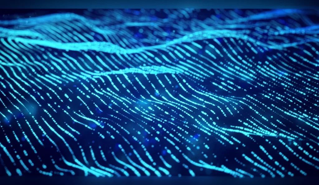 Infografica astratta ma fotorealistica che mostra nodi luminosi di un grafo della conoscenza collegati tra loro, con alcuni nodi che si espandono in onde testuali simili a quelle di un LLM. Obiettivo macro 100mm, alta definizione, sfondo blu scuro tecnologico.