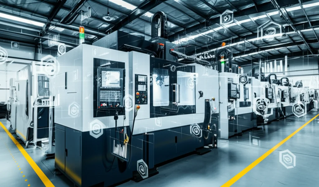 Immagine grandangolare di un moderno impianto industriale con file di macchine CNC illuminate. Sovrapposizioni digitali mostrano grafici di dati e icone di connessione tra le macchine. Obiettivo grandangolare 15mm, messa a fuoco nitida, lunga esposizione per suggerire movimento e flusso di dati.