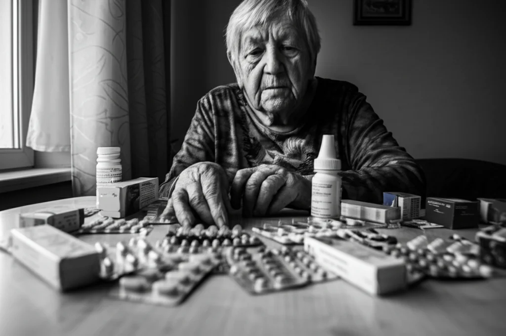 Un ritratto fotografico di una persona anziana (60 anni) dall'aspetto riflessivo, seduta a un tavolo con diverse scatole di medicinali sparse davanti. Luce naturale da una finestra laterale, profondità di campo ridotta per focalizzare sul volto e sulle mani vicino ai farmaci. Obiettivo 35mm, bianco e nero.