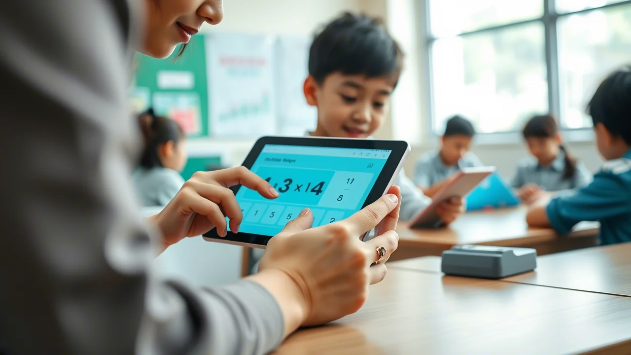 Fotografia realistica di un'aula di scuola primaria cinese moderna e luminosa. In primo piano, mani di un'insegnante asiatica che aiutano un bambino a usare un tablet per un'attività di matematica interattiva. Sullo sfondo, altri bambini lavorano in piccoli gruppi con dispositivi simili. Obiettivo prime 35mm, profondità di campo, luce naturale morbida, colori vivaci ma realistici.
