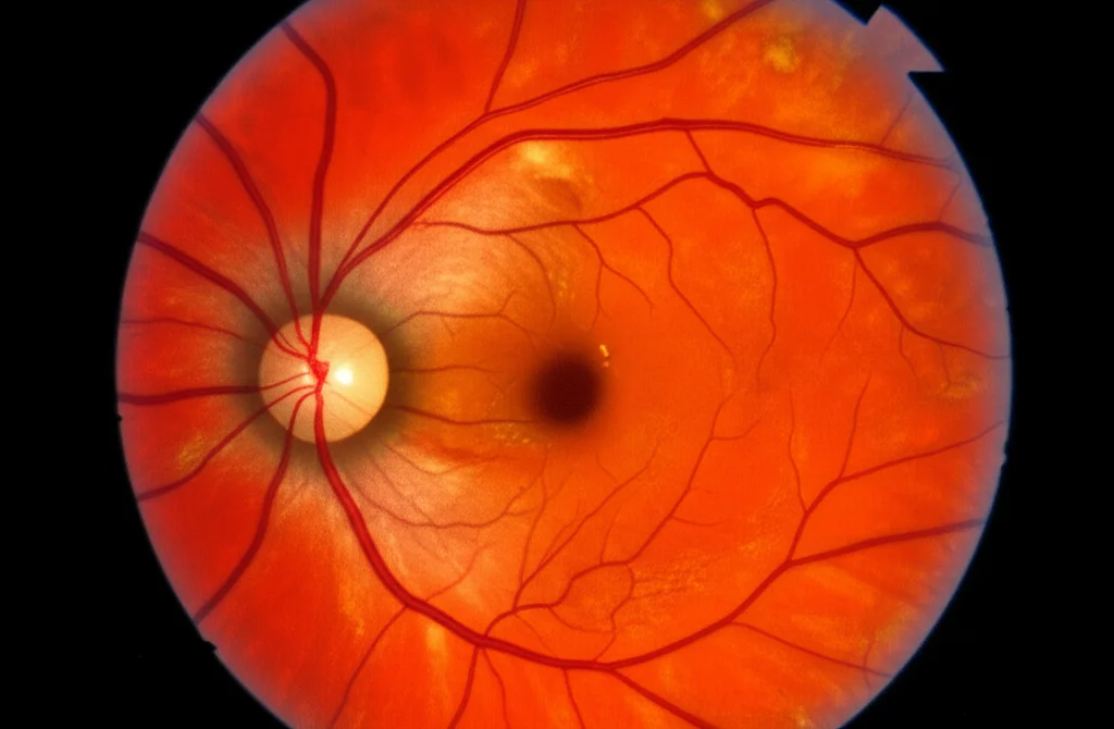 Macro fotografia dettagliata di una retina umana, obiettivo 85mm, illuminazione controllata, che mostra vasi sanguigni e nervo ottico per analisi medica dell'età retinica. High detail, precise focusing.