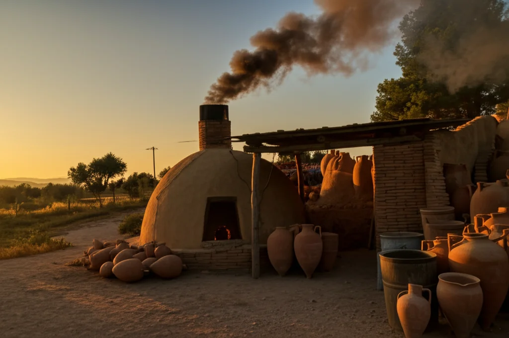 Ricostruzione fotorealistica di una fornace romana attiva a Los Matagallares al tramonto, con anfore di tipo Dressel 14 e Almagro 51c accatastate vicino all'ingresso e fumo denso che esce dal camino. Luce calda del tardo pomeriggio, dettagli realistici dell'argilla cruda, delle strutture in mattoni e del paesaggio circostante. Obiettivo prime 35mm, profondità di campo accentuata.