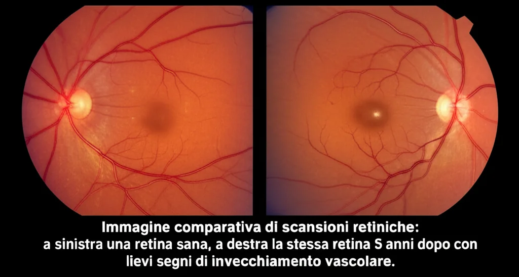 Immagine comparativa di scansioni retiniche: a sinistra una retina sana, a destra la stessa retina 5 anni dopo con lievi segni di invecchiamento vascolare. Contesto di imaging medico, alta risoluzione, controlled lighting.