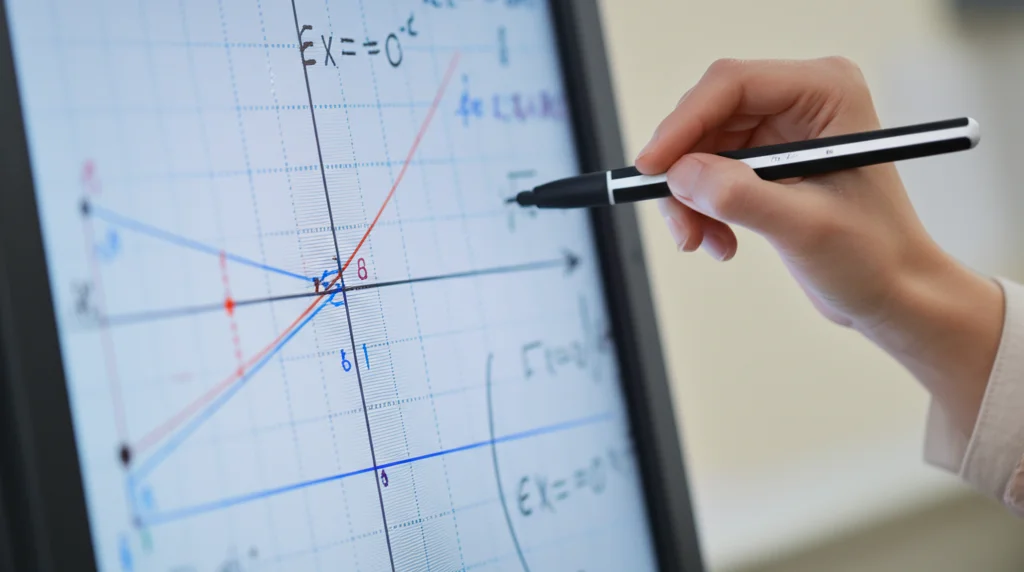 Macro fotografia ad alto dettaglio di una lavagna interattiva in un'aula di matematica. Si vede una mano che traccia un grafico geometrico con una penna digitale. Sullo schermo sono visibili equazioni e simboli matematici. Messa a fuoco precisa sulla punta della penna e sullo schermo, illuminazione controllata, obiettivo macro 100mm.