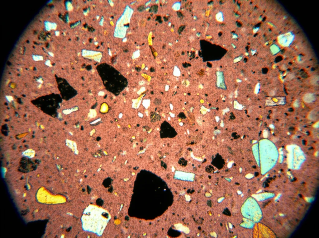 Primo piano macro di una sezione sottile di ceramica romana vista al microscopio polarizzatore. Si distinguono chiaramente cristalli colorati di quarzo, miche brillanti e frammenti di roccia scura (scisto) immersi in una matrice argillosa rossastra. Illuminazione controllata da sotto, alta definizione, obiettivo macro 100mm, messa a fuoco precisa sui minerali.